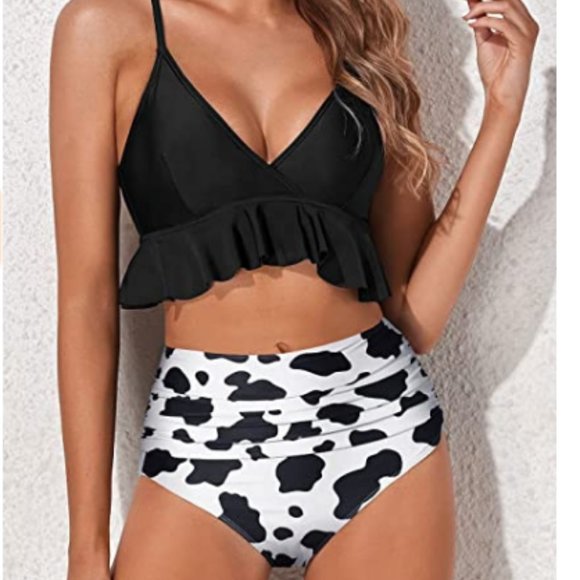 Cow Print Two Piece Swimsuits High Waisted Bikini Set - Picture 1 of 6